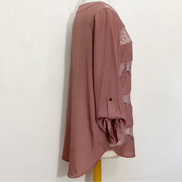 MOSSIMO lace stripe high low hem tab sleeve longer length polyester crepe top L - Picture 4 of 7